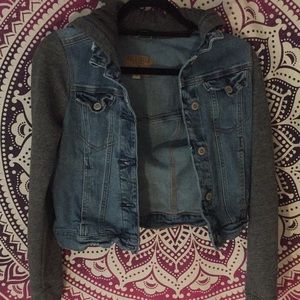 Jean jacket grey sleeves and hoodie